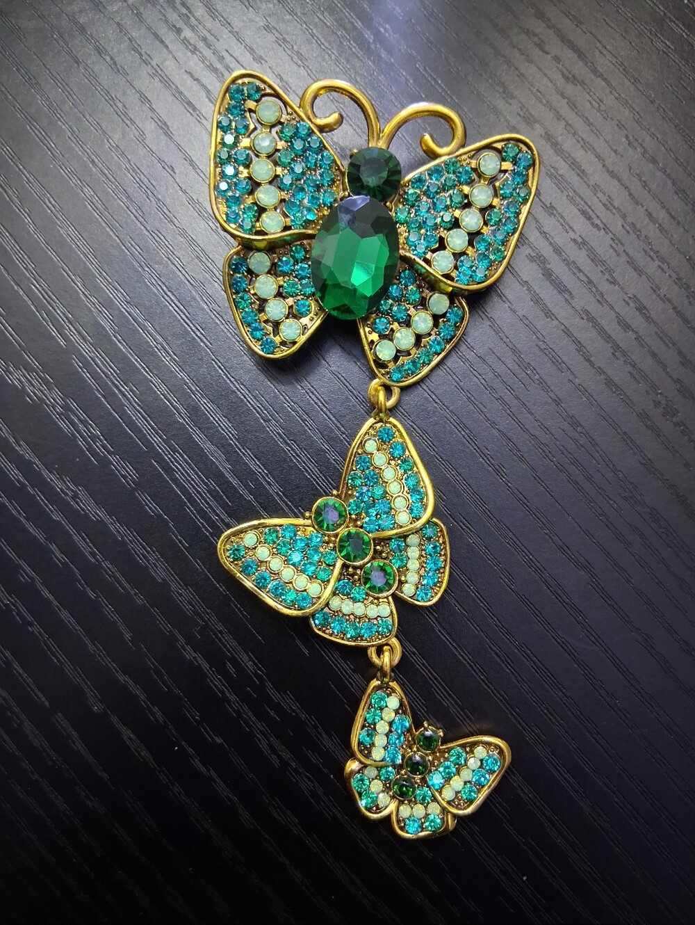 Gold & Green Dangle Butterfly Brooch